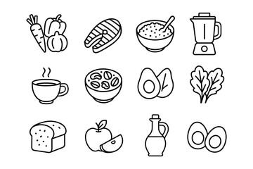 Healthy food icons: minimalist line art set featuring fruits, vegetables, and kitchen utensils