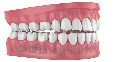 Obraz premium Realistic dental implants model with transparent gingiva showing the titanium screws providing strong support and aesthetic restoration for complete edentulism