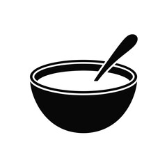 Simple black silhouette of a bowl of soup with a spoon