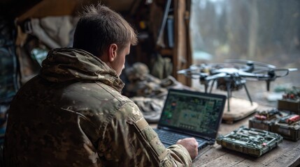 Soldier operating drone control system in forested area during a tactical mission