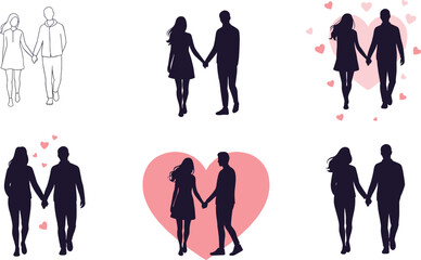 Couple holding hands, romantic silhouettes, heart-themed art, love illustration set, affectionate pose design collection