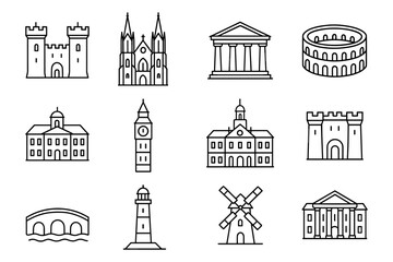 Iconic architectural landmark icons in linear style