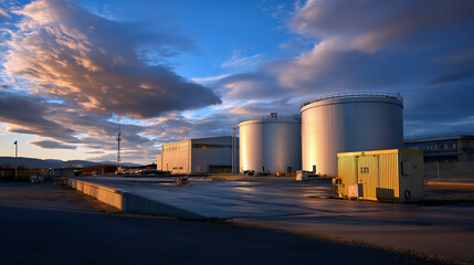 Obraz premium Sunset lighting casting long shadows over massive nuclear storage containers.