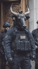 Security personnel in unique bull mask stands guard outside a building during a covert operation in an urban setting