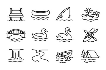 Outdoor line art icons: camping, boating, fishing, nature, and leisure activities