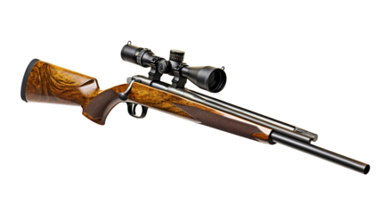 Hunting rifle with wooden stock and scope isolated on transparent background
