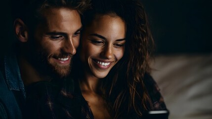 A loving couple shares a warm joyful moment together indoors smiling brightly as they gaze at a smartphone screen in soft light