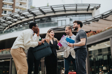 A diverse group of business professionals enthusiastically discussing outside a modern building.