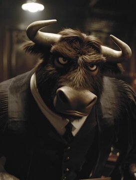 Anthropomorphic bull dressed as a lawyer in a courtroom