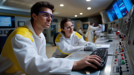 Scientists monitoring nuclear waste disposal via control panels.