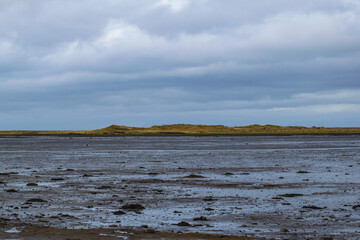 Icelandic tidal flat landscape with cloudy sky and distant shoreline