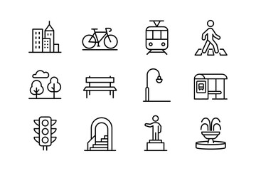 Minimalist urban line icons featuring transportation and architecture