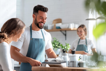 Smiling young adults in aprons prepare food together in a stylish modern kitchen, enjoying teamwork, conversation, and a cheerful atmosphere in a bright culinary setting