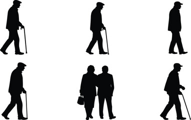 Obraz premium Elderly people silhouettes, walking with cane, companionship art, aging mobility design, senior lifestyle illustration set