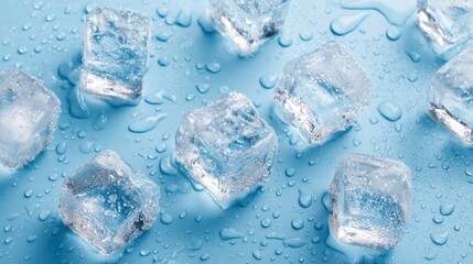 A collection of shimmering ice cubes rests on a smooth blue surface, droplets of water glistening around them. This arrangement evokes coolness and refreshment, perfect for summer days.