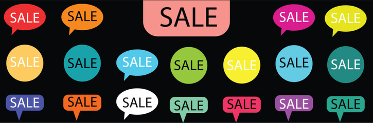 A vibrant set of flat vector sale tags, speech bubbles, and banner shapes for e-commerce, advertising, retail, and social media marketing campaigns.