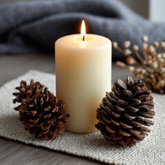 White candle with a flickering flame surrounded by pine cones on a textured surface, creating a warm and cozy atmosphere for seasonal decor and relaxation