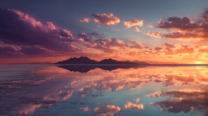 Expansive Mountain Landscape at Sunset with Vibrant Colors and Soft Clouds