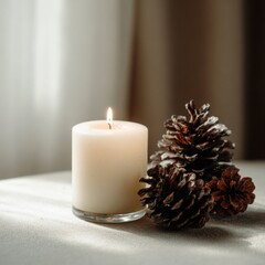 White candle glowing softly beside pine cones on a textured surface, creating a warm and inviting atmosphere, perfect for relaxation and cozy moments