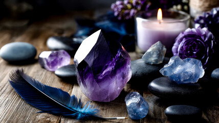 An esoteric composition for meditation or witchcraft rituals featuring a purple gemstone and burning candle on a wooden table.