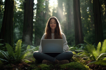 Serene scene of a young woman using a laptop while seated cross legged on moss and ferns in a sunlit forest, symbolizing balance between technology, nature, mindfulness, and remote work