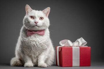 A white cat with a bow tie sits next to a red gift box with a white ribbon against a gray background