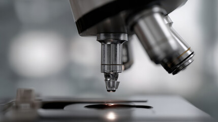 Close up of microscope lens focusing on slide in laboratory setting