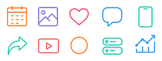 Colorful minimalist icons for digital and social media in linear style