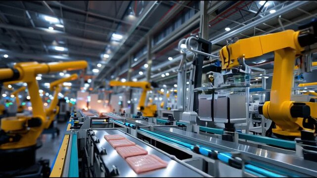 Industrial automation in action with robotic arms assembling parts in a factory setting