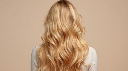 Naklejka premium Long, wavy blonde hair flows down the back of a person, showcasing vibrant texture and shine. The neutral background highlights the hairs beauty and elegance.