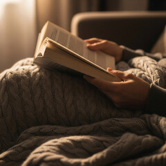 A person is reading a book while wrapped in a cozy blanket, bathed in warm, soft light.