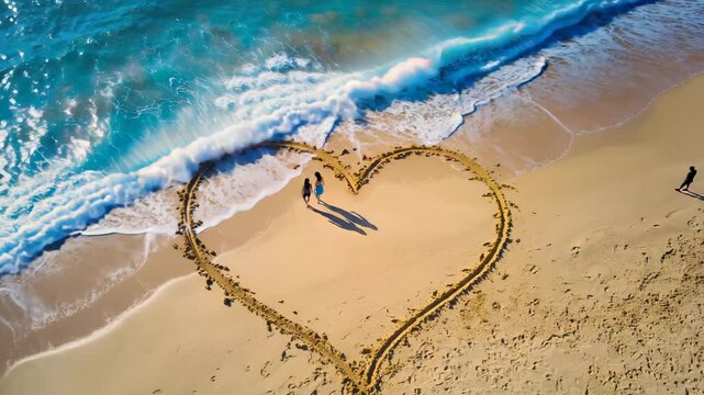 Loving couple standing inside a heart drawn in the sand on a beautiful beach, ocean waves gently washing ashore, symbolizing romance, travel, and togetherness during a tropical vacation