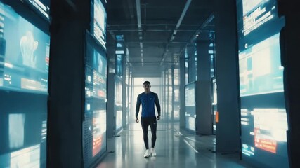 Athlete standing confidently in a data center surrounded by glowing screens displaying performance metrics and technology interfaces, representing advanced training and sports innovation - Powered by Adobe