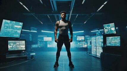 Man standing confidently in a dark, technologically advanced control room, surrounded by numerous monitors displaying data and surveillance feeds with a blue glow - Powered by Adobe