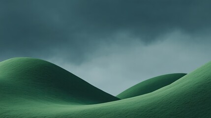 Rolling green hills stretch towards a brooding, overcast sky, conveying a sense of calm and natural beauty. The landscape suggests quiet contemplation and the raw power of nature.