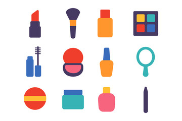 Fototapeta premium Colorful flat cosmetic icons set with lipstick, brush, and makeup palette