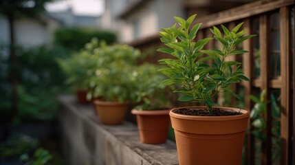 Fototapeta premium Revived Potted Fruit Trees in Urban Garden Setting with Lush Green Foliage and Natural Light