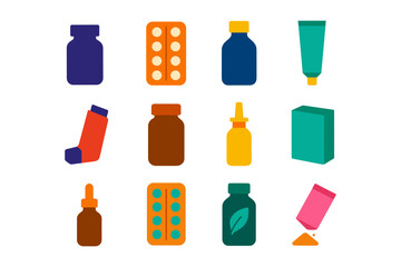 Obraz premium Pharmacy objects set: flat style medicine bottles, pills, and tubes collection