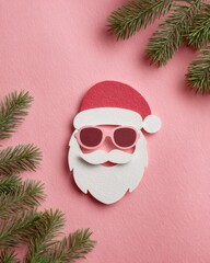 Creative vintage paper cutout of santa face with sunglasses and festive fir branches
