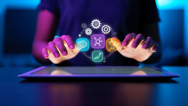 Person interacting with holographic icons of brain gears trophy and graph on tablet technology digital
