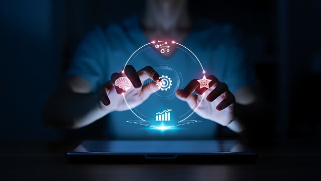 Person interacting with futuristic holographic interface displaying business and technology icons digital