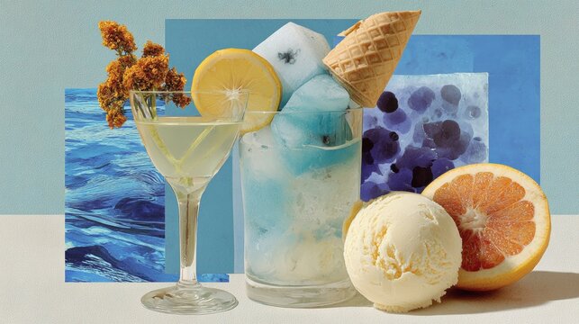 Glass of blue liquid with a lemon wedge in it sits on a table next to a scoop of ice cream and a slice of orange. The image has a blue and white color scheme and a beachy vibe