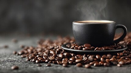 Steaming black coffee in a modern ceramic cup rests on a matching saucer surrounded by roasted coffee beans, evoking warmth, energy, and the rich aroma of fresh espresso