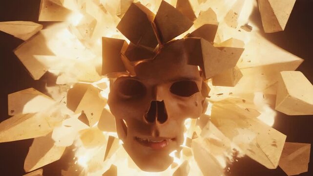 Skull exploding into sharp, glowing fragments, creating a conceptual representation of destruction, chaos, and overwhelming force breaking down a core structure against a dark backdrop