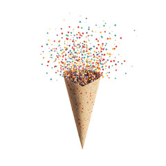 Chocolate ice cream cone with colorful sprinkles exploding isolated on transparent background
