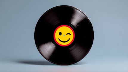 Record with a smiley face on it. The record is black and white. The record is smiling and has a wink