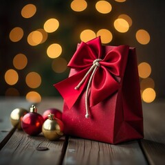 Red luxury Christmas gift bag with golden ornaments on rustic wooden table