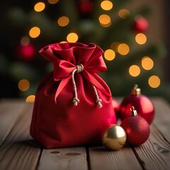 Festive close-up of Christmas gift bag with golden decorations and bokeh lights