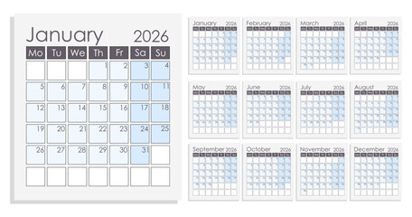 2026 Calendar, each month is on a separate page. Vector design.