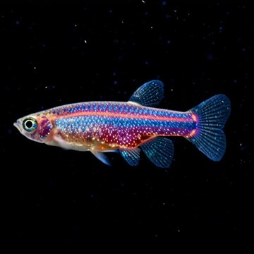 Glowing bioluminescent zebra danio fish on a black background